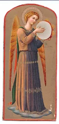 Fargelitotrykk fra angelico engel som spiller tamburin, ca. 1910