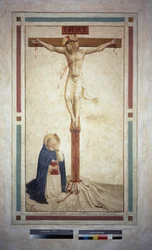 Korsfestelsen med Saint Dominic. Inskripsjon ""INRI"" på korset. Fresco av Guido di Pietro