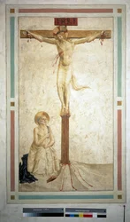 Korsfestelsen med Saint Dominic. Inskripsjon ""INRI"" på korset. Fresco av Guido di Pietro