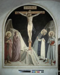 Kristi korsfestelse med Jomfru Maria, Johannes evangelisten, Saint Hieronymus, Saint Dominic. Inskripsjon ""INRI"" på korset. Fresco av Guido di Pietro