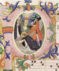 Missale 558, f.68v: historisert initial «P» som viser drapet på den hellige Peter Martyr