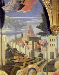 Santa Trinita altertavle, detalj av byen Jerusalem og Salomos tempel, ca. 1434 tempera og gull på panel