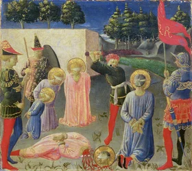 Halshuggingen av St. Cosmas og St. Damian, fra predellaen til Annalena-altertavlen, ca. 1434 (tempera på panel)