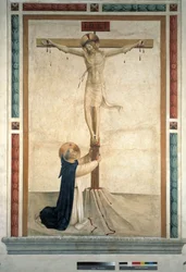 Korsfestelsen med Saint Dominic. Inskripsjon ""INRI"" på korset, 1442