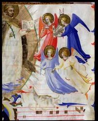 ds 558 f.67v St. Dominic med fire musikalske engler, fra en gradual fra San Marco e Cenacoli vellumdetalj av 88937 & 79797