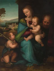 Den hellige familie med døperen Johannes, ca. 1505–1515 (olje på panel)