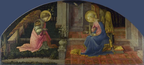 Bebudelsen. Maleri av Fra Filippo Lippi (1406-1469), omkring 1448-1450. Tempera på tre. Mål: 68,6 x 152,7 cm. London, National Gallery.