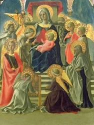 Madonna og barn tronet med engler og hellige (tempera på panel) (se også 63779)
