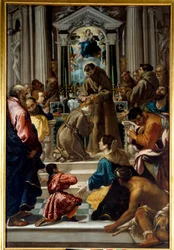 Saint Francois av Assisi (1181-1223) klipper håret til Saint Claire (1193-1253). Maleri av Semplice De Verona (1589-1654) Ec. Ital.