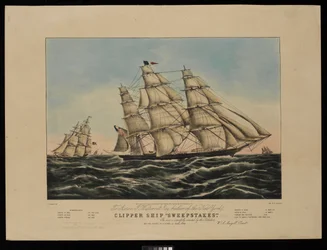 Til Aaron J. Westervelt Esq., byggeren av New York-klippeskipet Sweepstakes, er dette trykket respektfullt dedikert av forlaget..., litografi, farget (litografi, farget)