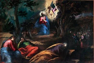 Bønnen i oliventrærnes hage Til høyre kommer Judas sammen med soldatene for å stoppe Jesus Kristus. Maleri av Francesco Bassano den unge (ca. 1549-1592) Venezia, Chiesa del Redentore, Italia