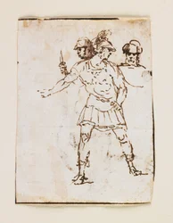 Studie av to romerske soldater og en skjeggete figur (recto); Studie av en skjeggete mann som går med en pinne (verso) (penn og brunt blekk)