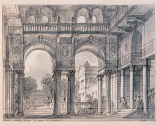 Scenografi for den andre scenen av "" Les noces de Figaro (Figaros ekteskap) av Wolfang Amadeus Mozart (1756-1791) regissert av scenografen Francesco Bagnara (1784-1866) 1820-1839 Venezia Museo Correr