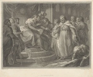 Edward, prins av Wales, presenterer den fangede kong Johan av Frankrike og hans sønner for sin far Edvard III etter slaget ved Poitiers