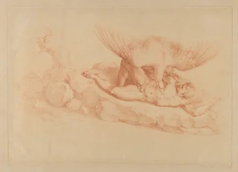Prometheus, naken, lenket til en stein, ser opp på en ørn som står over ham, 1795.