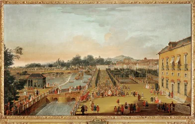 Kong Ferdinand VI av Spania og dronning Barbara Braganza og deres gjester i hagene til Aranjuez-palasset (maleri på lerret)