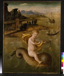 Arion rir på en delfin, ca. 1509-10 tempera og olje på panel