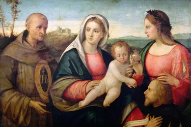 Sacra Conversazione: St. Bernardino og en kvinnelig helgen som presenterer en donor, ca. 1525 (olje på panel)