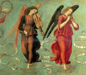 Engler som spiller fiolin og fløyte, ca. 1475-97, detalj av 64871