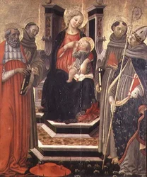 Madonna og barn med SS. Jerome, Frans av Assisi, Anthony av Padua og Ludvig av Toulouse (tempera på panel)