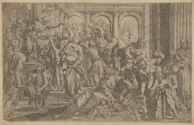 Saint Roch til venstre deler ut almisser til en gruppe mennesker samlet rundt ham, etter A..., ca. 1607.