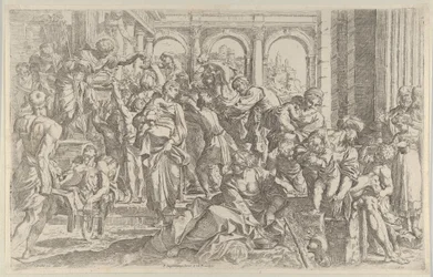 Saint Roch til venstre deler ut almisser til en gruppe mennesker samlet rundt ham, ca. 1590-1600.