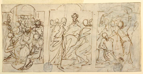 Tegning, Tre stadier av lidelsen: Spotten, Kristus foran Pilatus, Pisking, ca. 1848
