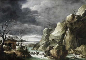 Reisende som nærmer seg en låve i et vinterlandskap, under en stormfull himmel