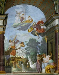 Allegori om Lawrence de Medici il Magnificents død (1449-1492). Til høyre, representasjon av skjebnens guder, kabinettene (eller parkene): Clotho, Lachesis og Atropos. Fresco av Francesco Furini (160).