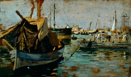 På jobb i Livorno havn (Leghorn) av Francesco Gioli (1846-1922), olje på panel, 22x38 cm