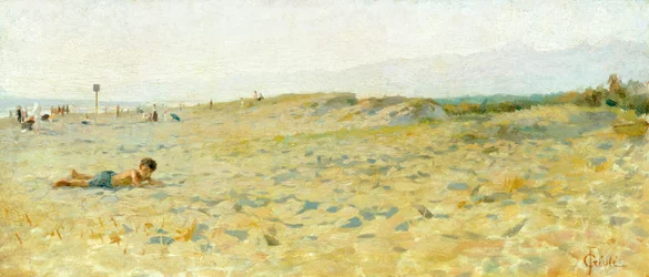 Strand i Cinquale av Francesco Gioli (1846-1922), olje på panel