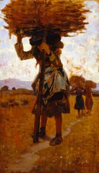 Kvinnelige loggere fra San Rossore (studie) av Francesco Gioli (1846-1922), olje på panel, 39x22 cm