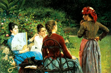 Fernanda Gioli og hennes venner av Francesco Gioli (1846-1922), olje på lerret, 45x68 cm