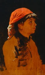 Rødt skjerf av Francesco Gioli (1846-1922), olje på panel, 28x17 cm