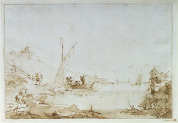 En kystscene, ca. 1770-80 (penn og brun vask med svart kritt på papir)