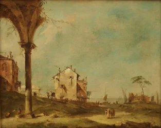 Capriccio, fantasilandskap med bygninger ved lagunen