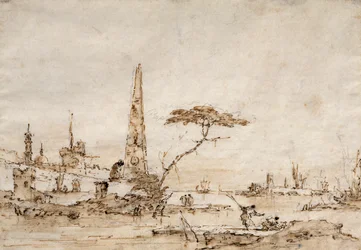 Capriccio ved siden av en venetiansk lagune med en obelisk og løve utenfor murene til en befestet by (penn og blekk)