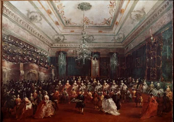 Gallakonsert på Casino dei Filodrammatici i Venezia Kvinnekonsert. Maleri av Francesco Guardi (1712-1793) Mål.67x90 cm München, Alte Pinakothek