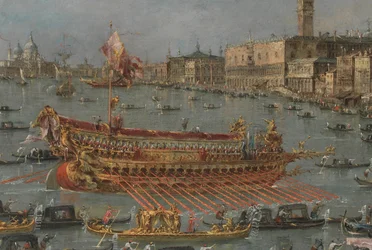 Bucintoro-festivalen i Venezia. Bacino di S. Marco med Bucintoro, Doges State Barge, på Kristi himmelfartsdag (detaljer), 1780-93