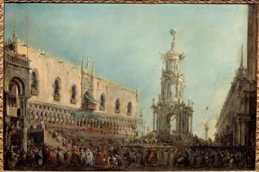 Dogen av Venezia deltar på Gras-torsdagsfeiringen på Piazzetta di San Marco Doge Alvise IV Mocenigo (1701-1778) deltar på akrobatiske forestillinger fra balkongen til Dogepalasset. Maleri av Francesco Guardi (1712-1793) 1766-1770 Søn. 0,67x1 m