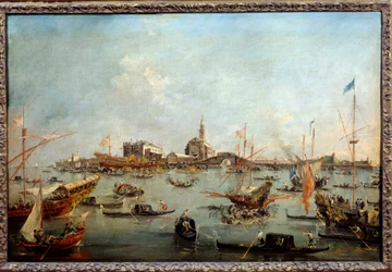 Dogen på Bucentaurus (Bucentoro) i San Nicolo i Venezia på Kristi himmelfartsdag Dette er sannsynligvis Doge Alvise IV Mocenigo (1763-1778). Maleri av Francesco Guardi (1712-1793) 1775-1780 Søn. 0,67x1m