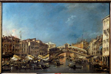 Rialtobroen i Venezia på 1700-tallet. Maleri av Francesco Guardi (1712-1793). 1700-tallet. Sol. 0,62 x 0,93 m. Toulouse, Musée des Augustins