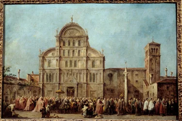 Prosesjonen av Doge of Venezia til San Zaccaria-kirken på påskedag (1763). Maleri av Francesco Guardi (1712-1793), rundt 1766-1770. Olje på lerret. Mål: 0,67 x 1,01 m. - Prosesjonen til Doge of Venezia ved San Zaccaria-kirken, på E