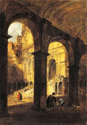 Utsikt over gårdsplassen til Palazzo Ducale og kjempetrappen (Scala dei Giganti), i Venezia, ca 1780, av Francesco Guardi (1712-1793), olje på lerret, 26x39 cm.