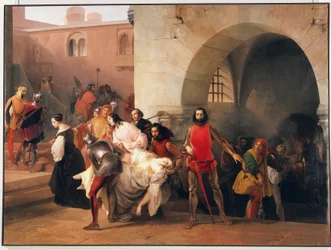 Bisen funnet av Marco Visconti i kjelleren på slottet hans på Rosate, tema fra romanen Marco Visconti av Tommaso Grossi, illustrasjon av Francesco Hayez