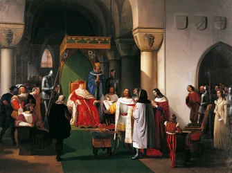 Filippo Maria Visconti, hertug av Milano, returnerer kronen til kongene av Aragón og Navarra, tatt til fange av genoveserne, av Francesco Hayez (1791-1882)