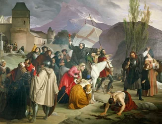 Peter Eremitt rir på hvitt muldyr med krusifiks i hånden og sirkulerer gjennom byer og landsbyer og forkynner korstog