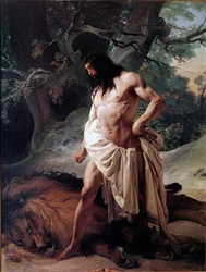 Samson ser på løven han nettopp drepte med bare hender (olje på lerret