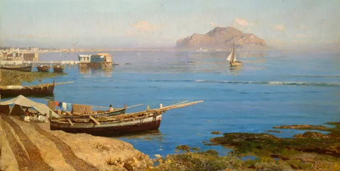 Marina med båt og fiskere, av Francesco Lojacono (1838-1915), olje på lerret, 61x118 cm
