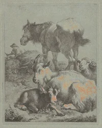 Hest, Ram, Geit med Kid; I det fjerne en hyrde med flokk